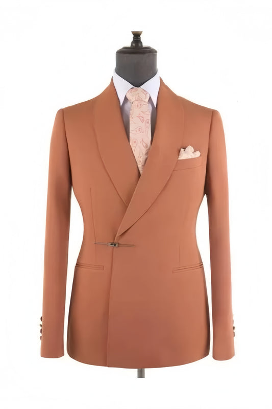 Bespoke Orange Shawl Lapel Wool Wedding Suit With Bolt Buckle
