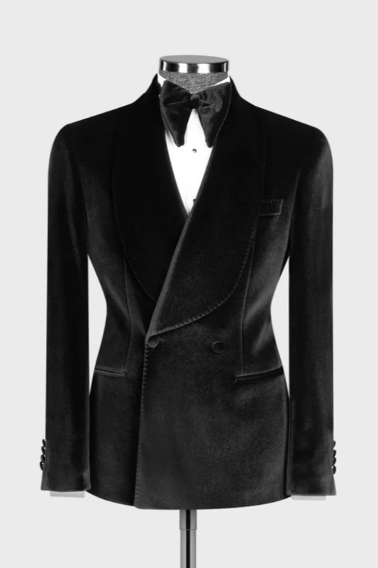 Black Velvet Double Breasted Wide Shawl Lapel Wedding Suits
