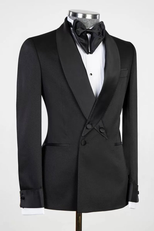Fashion Black Staggered Shawl Lapel Beadings Wool Wedding Suits
