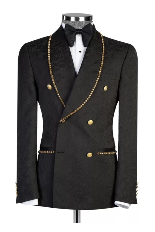 Black Jacquard Double Breasted Shawl Lapel Beadings Wedding Suits