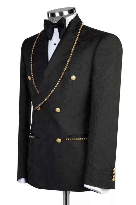 Black Jacquard Double Breasted Shawl Lapel Beadings Wedding Suits
