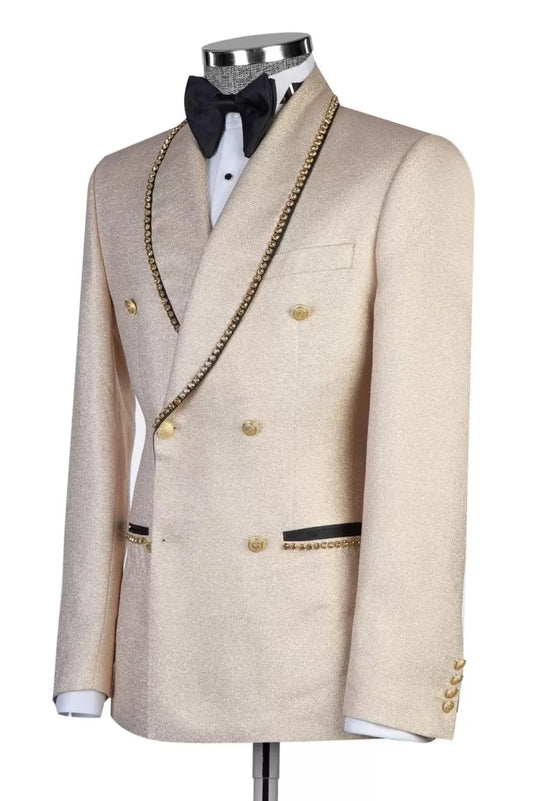 Champagne Double Breasted Shawl Lapel Beadings Wool Wedding Suits