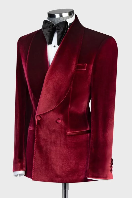 Chic Burgundy Velvet Double Breasted Wide Shawl Lapel Wedding Suits