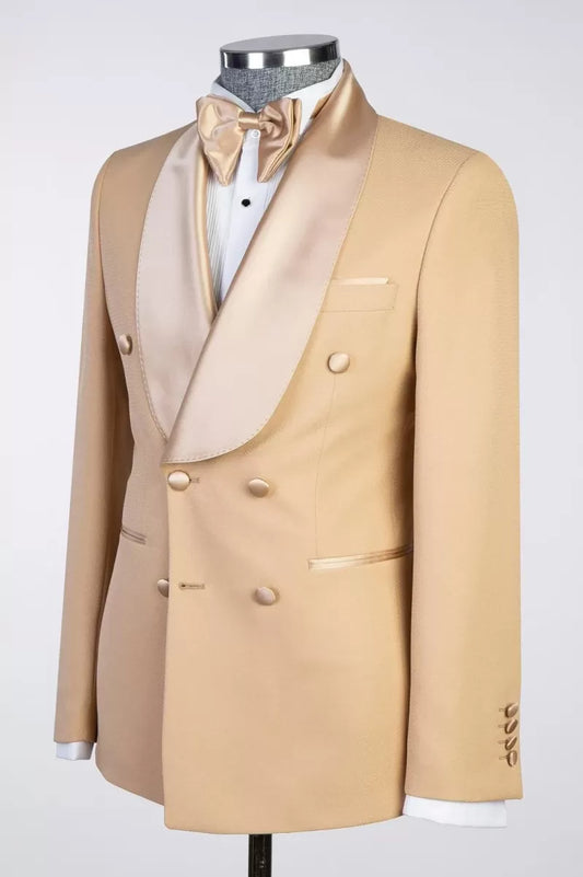 Modern Khaki Satin Shawl Lapel Wool Wedding Suits
