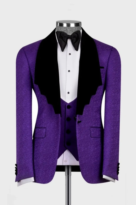Newest Royal Purple 3 Pieces Jacquard Shawl Lapel Wedding Suits