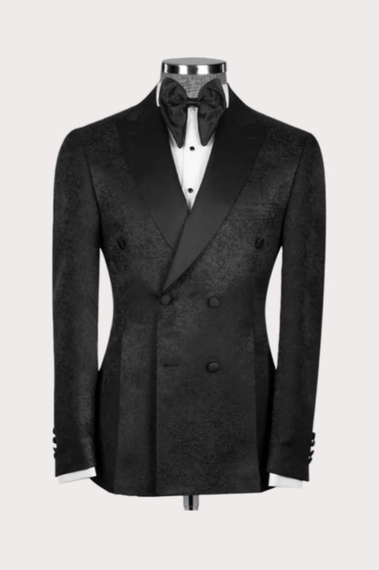 Gentle Black Jacquard Double Breasted Peaked Lapel Wedding Suits