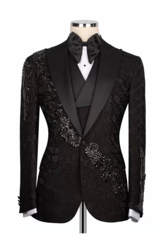 Glamorous Black Crystals 3 Piece Jacquard Prom Suits