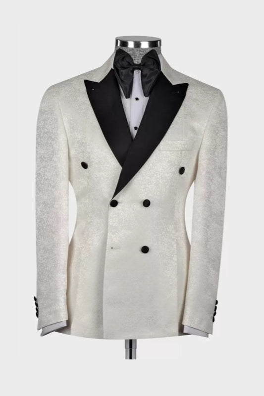 Best Fitted White Jacquard Double Breasted Peaked Lapel Prom Suits