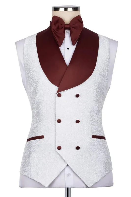 Generous White Jacquard Peaked Lapel Prom Suits With Waistcoat