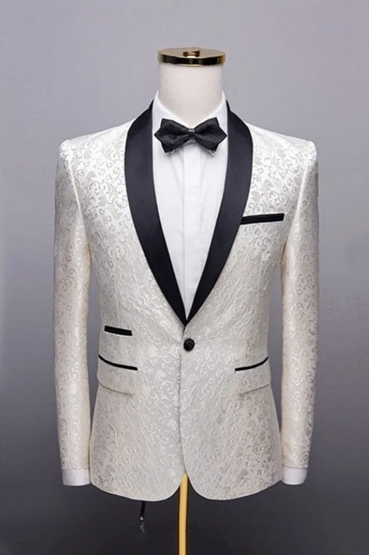 Cream White Jacquard Shawl Lapel Wedding Suits