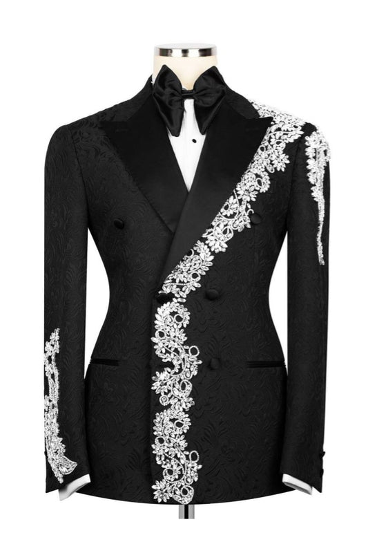 Chic Black Jacquard Beadings Peaked Lapel Bespoke Prom Suits