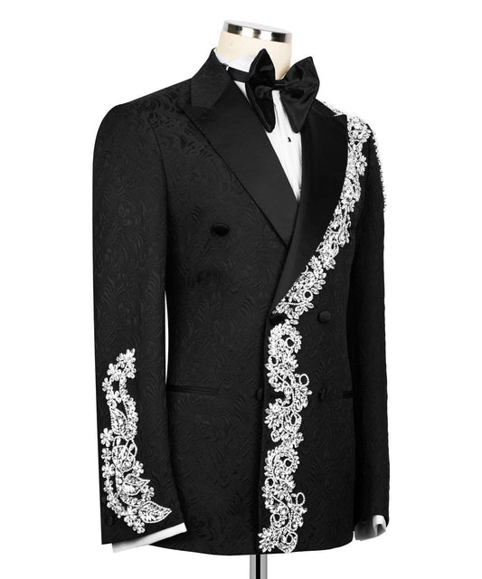 Chic Black Jacquard Beadings Peaked Lapel Bespoke Prom Suits
