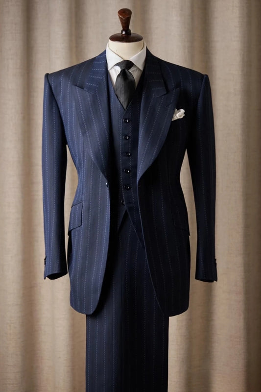 Latest 3 Pieces Navy Blue Striped Business Suits