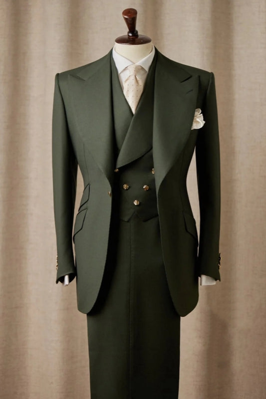 Fancy Green 3 Pieces Peaked Lapel Wool Business Suits