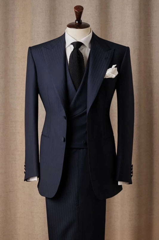 Charming Dark Navy 3 Pieces Striped Business Suits