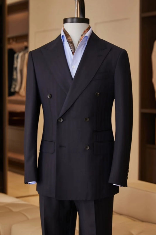Stylish Dark Navy Striped Double Breasted Business Suits