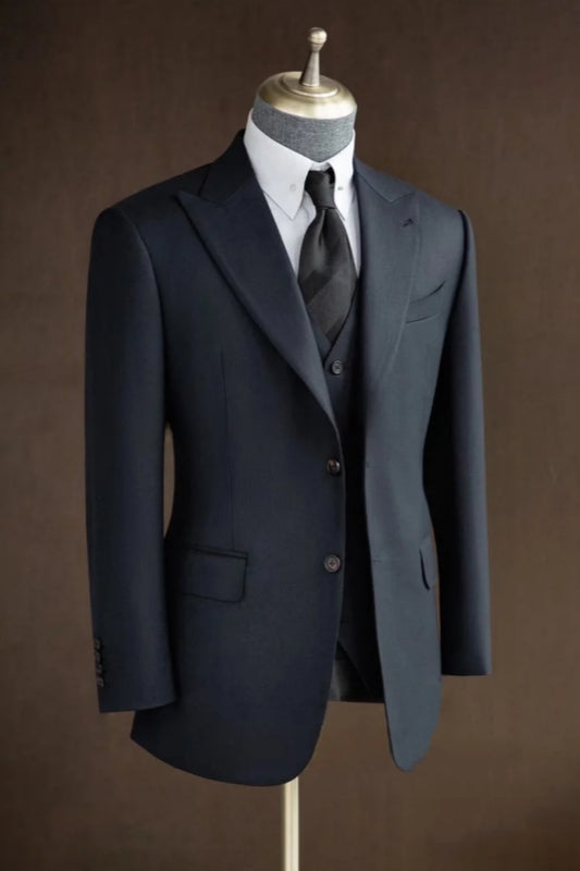 Stylish Dark Blue 3 Pieces Peaked Lapel Wool Business Suits