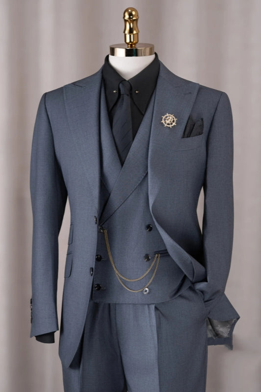 Advanced Gray Blue Peaked Lapel 3 Pieces Wool Business Suits
