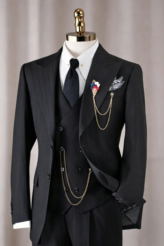 Handsome Black Peaked Lapel Striped Business Suits With Waistcoat