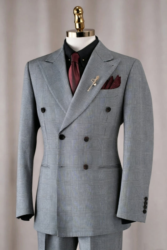 Chic Gray Peaked Lapel Plaid Double Breasted Business Suits