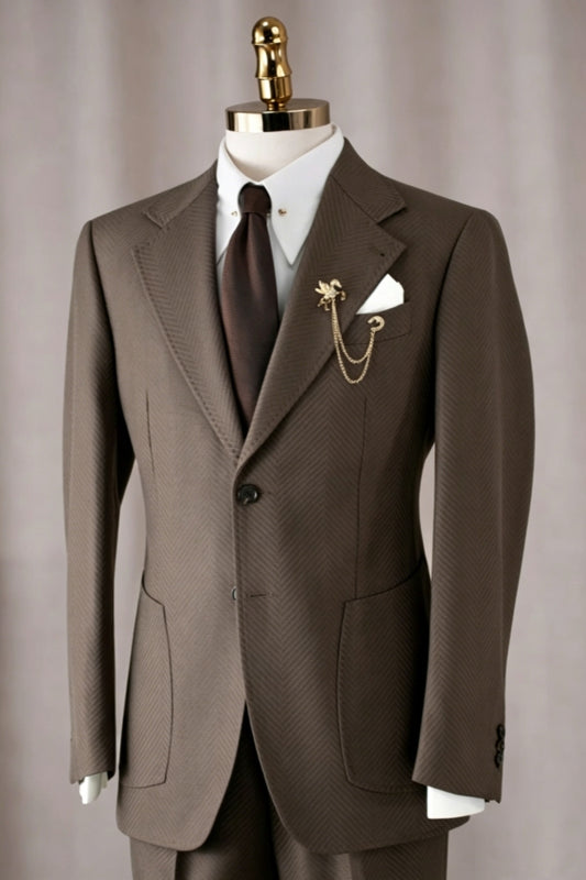 Latest Brown Notched Lapel Herringbone Business Suits