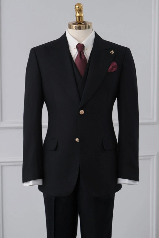Close Fitting Black Peaked Lapel Wool Business Suits With Waistcoat