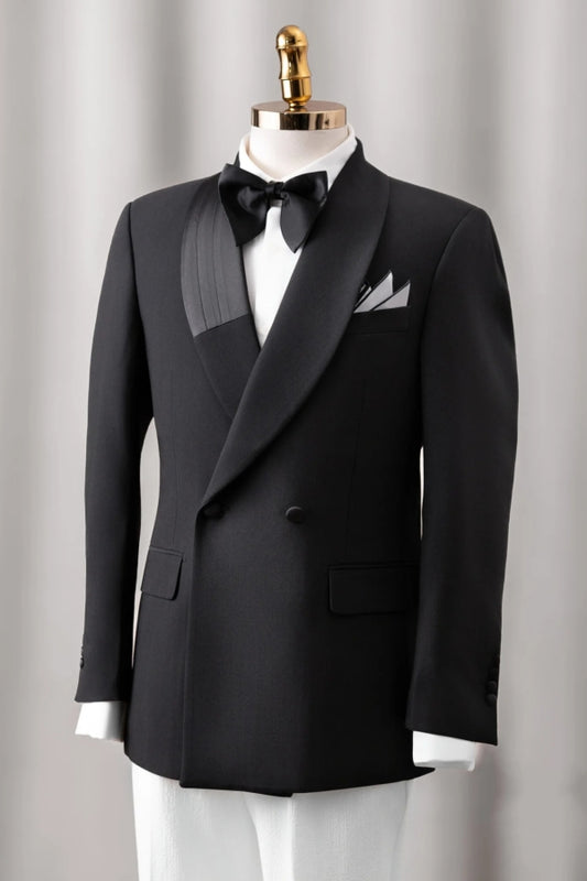 Newest Cool Black Shawl Lapel Double Breasted Wool Wedding Suits