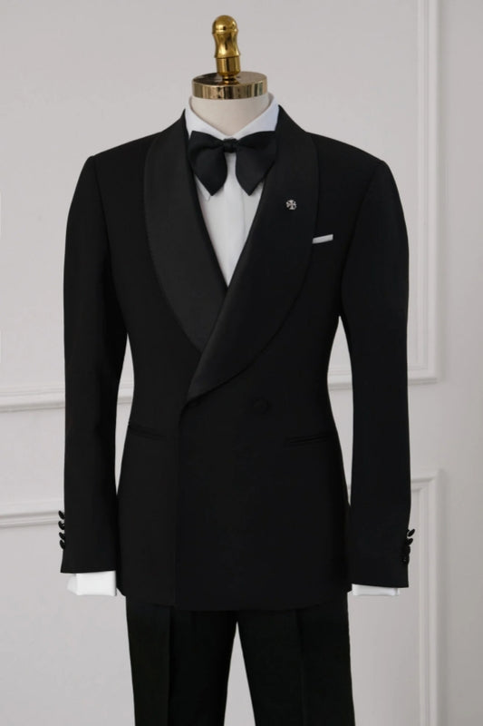 Cool Black Best Fitted Double Breasted Shawl Lapel Wedding Wool Suits