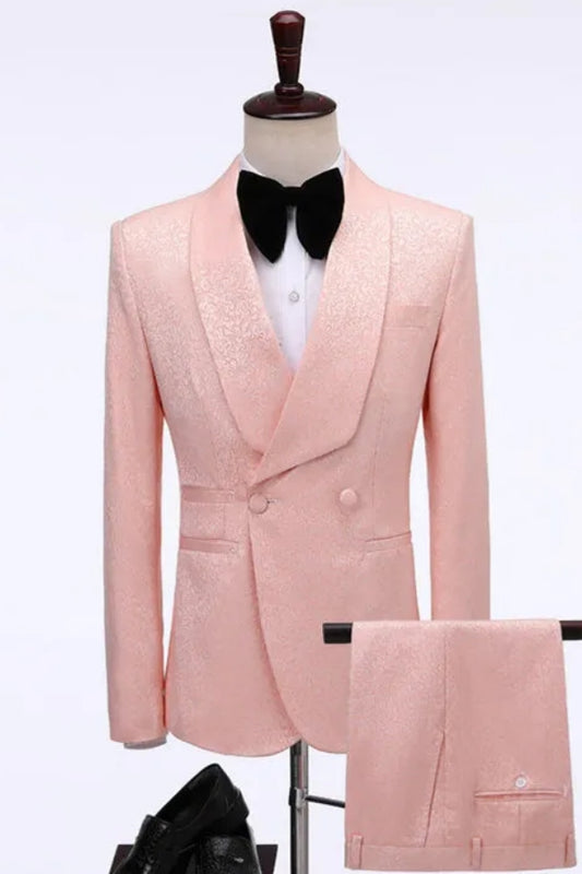 Trendy Pink Shawl Lapel Jacquard Double Breasted Wedding Suits