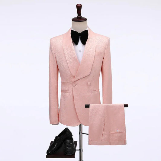 Trendy Pink Shawl Lapel Jacquard Double Breasted Wedding Suits
