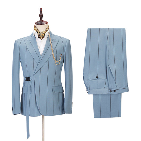 Chic Blue Peaked Lapel Striped Prom Men Suits