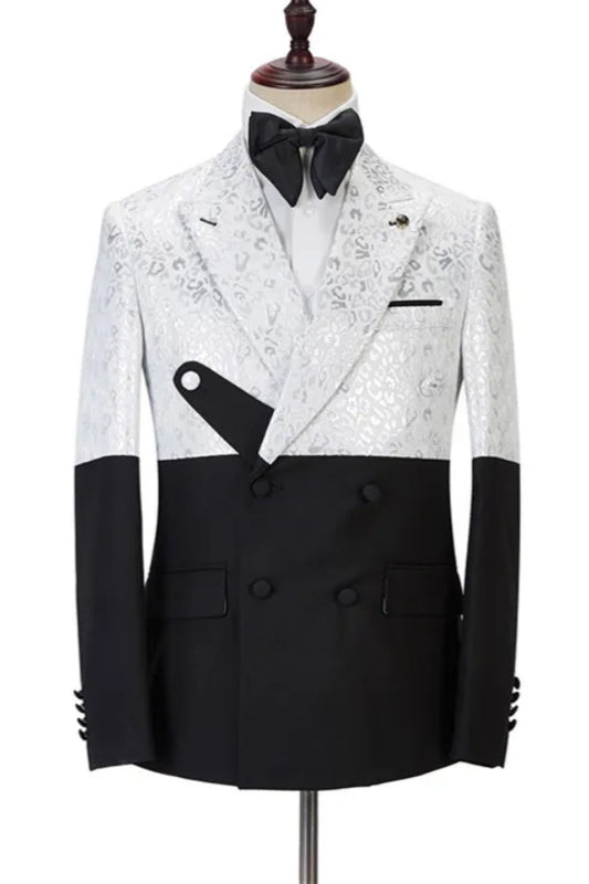 Stylish Black And White Peaked Lapel Jacquard Prom Men Suits