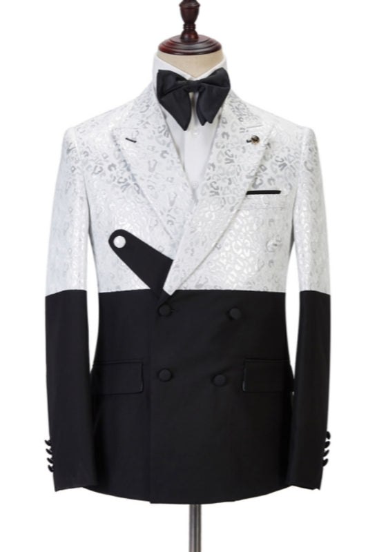 Stylish Black And White Peaked Lapel Jacquard Prom Men Suits