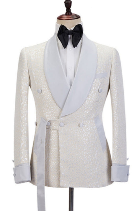 Bespoke White Jacquard Shawl Lapel Wedding Suits