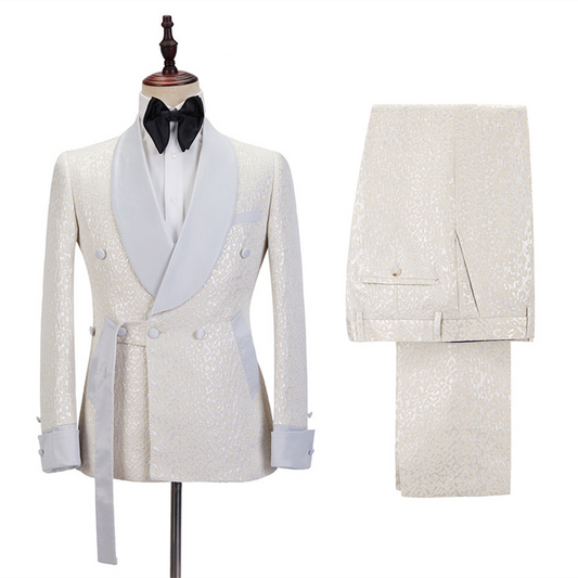 Bespoke White Jacquard Shawl Lapel Wedding Suits