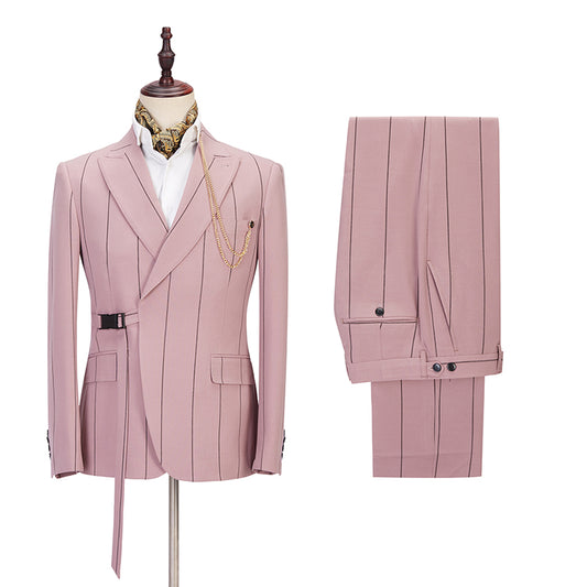 Handsome Pink Striped Peaked Lapel Prom Men Suits