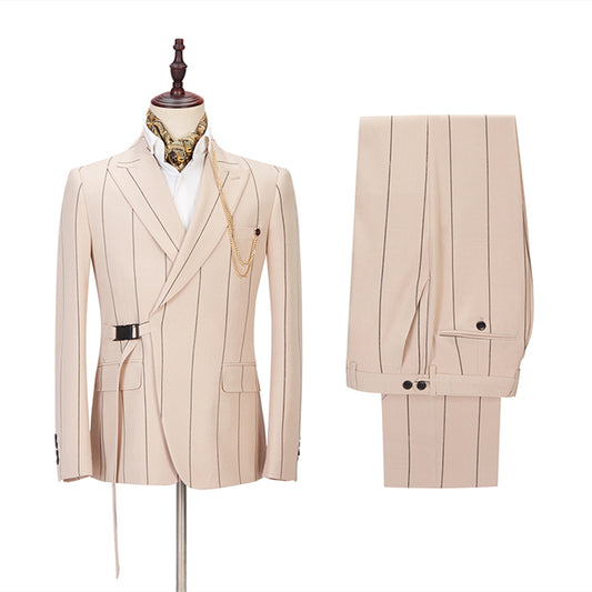 Popular Champagne Striped Peaked Lapel Prom Men Suits