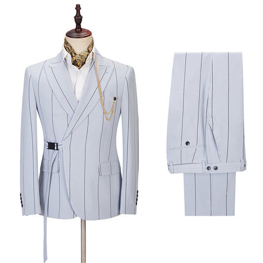 Latest Light Blue Striped Peaked Lapel Prom Men Suits