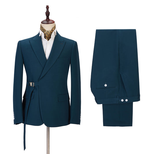 Newest Dark Green Peaked Lapel Wool Prom Men Suits