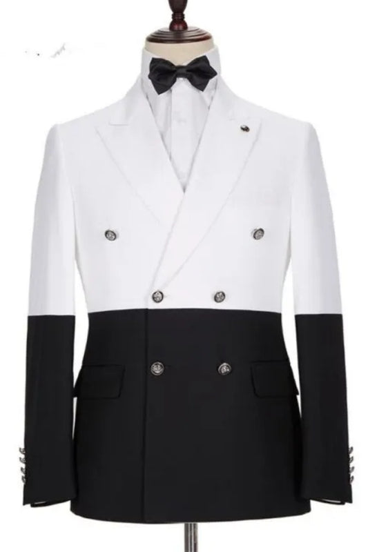 Black And White Double Breasted Peaked Lapel Prom Men Suits