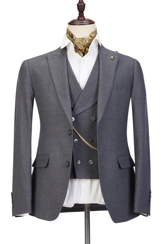 Fashion Gray 3 Pieces Peaked Lapel Wool Business Suits
