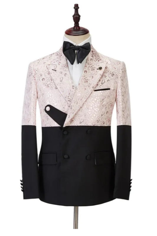 Stylish Champagne Jacquard Double Breasted Peaked Lapel Prom Suits