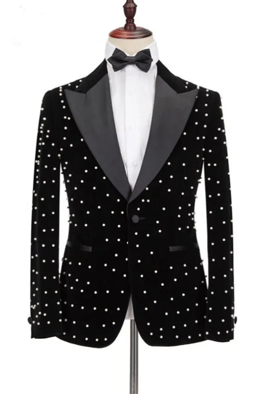 Unique Black Beadings Peaked Lapel Prom Men Suits
