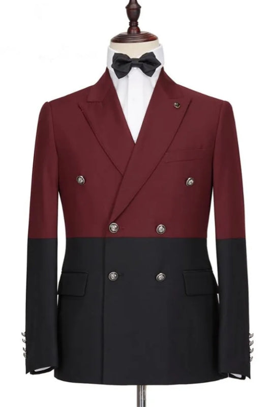 Chic Black And Burgundy Peaked Lapel Prom Men Suits