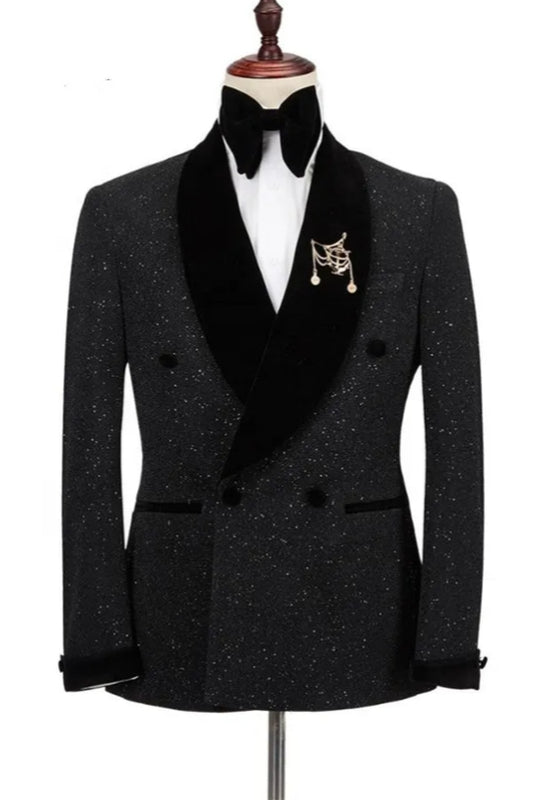 Sparkle Black Double Breasted Shawl Lapel Wedding Suits