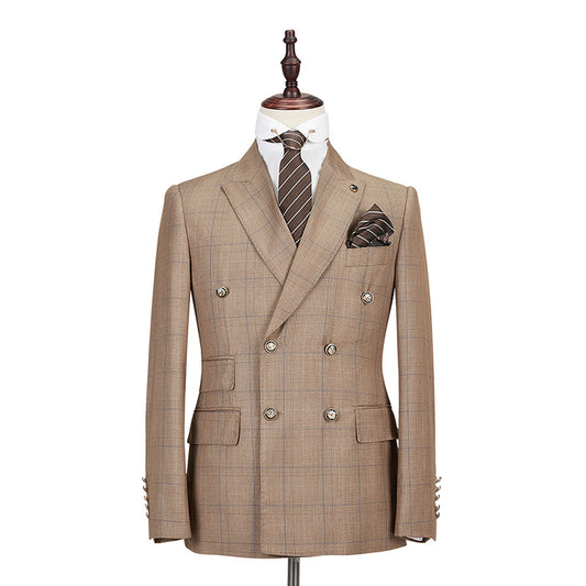 Chic Khaki Newest Plaid Peaked Lapel Business Men Suits