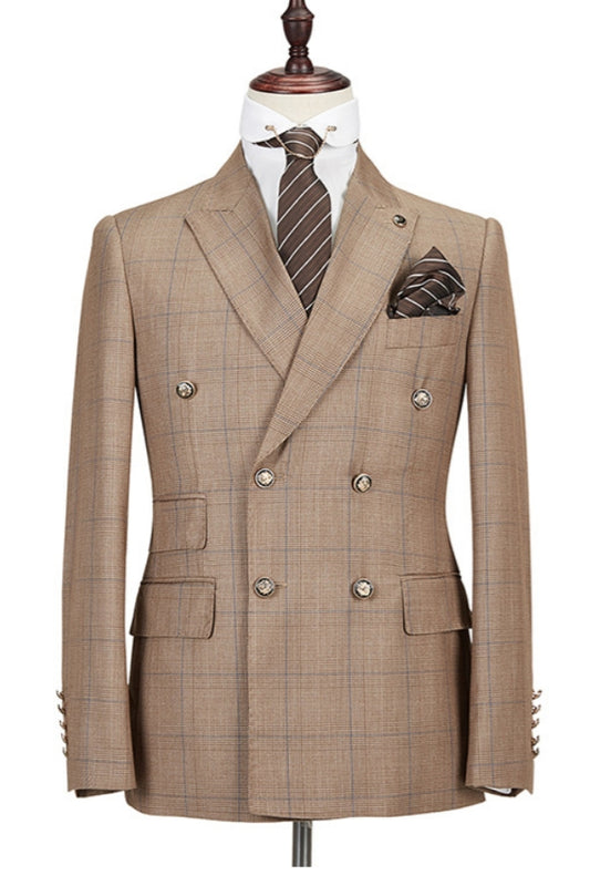 Chic Khaki Newest Plaid Peaked Lapel Business Men Suits