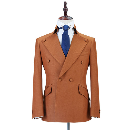 Caramel Double Breasted Peaked Lapel Wool Formal Men Suits