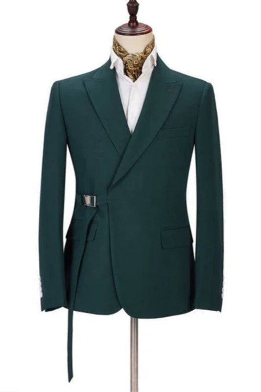 Formal Dark Green Peaked Lapel Wool Business Men Suits