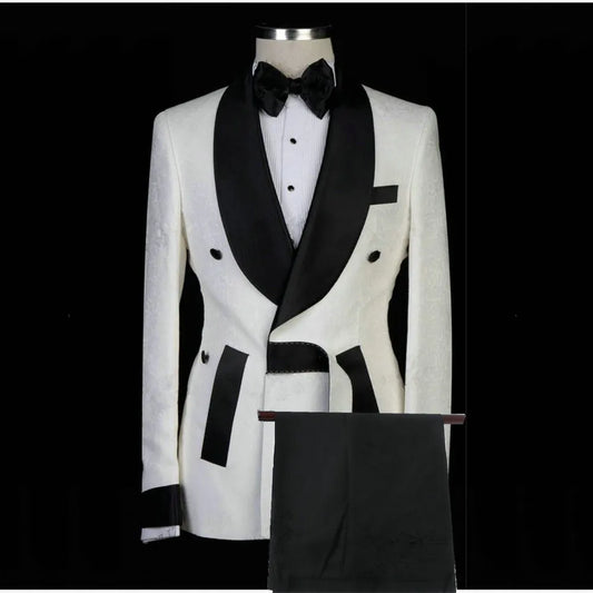 Unique Designed White Jacquard Bespoke Shawl Lapel Wedding Suits